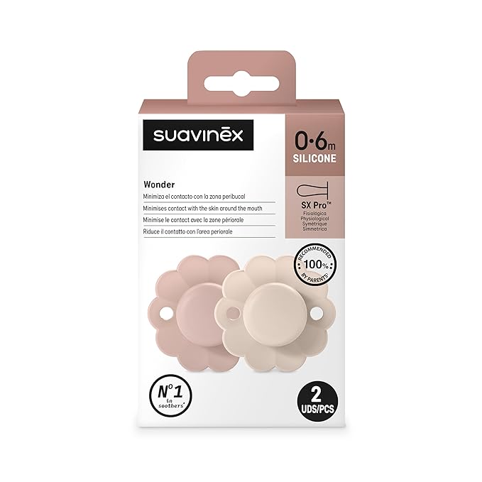 Suavinex Wonder Baby Pacifier, SX Pro Silicone Nipple, Reversible, Non Irritating Shield Design, 2 Pk Pacifiers 0-6 Months, Made in Europe, Mauve/Chalk
