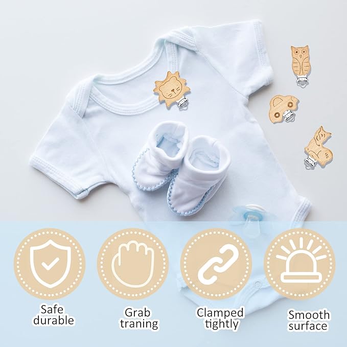 20 Pieces Wood Pacifier Clips Toy Suspender Clips Charm DIY Pacifier Holder for Baby Toddler Teething Grasping Accessory