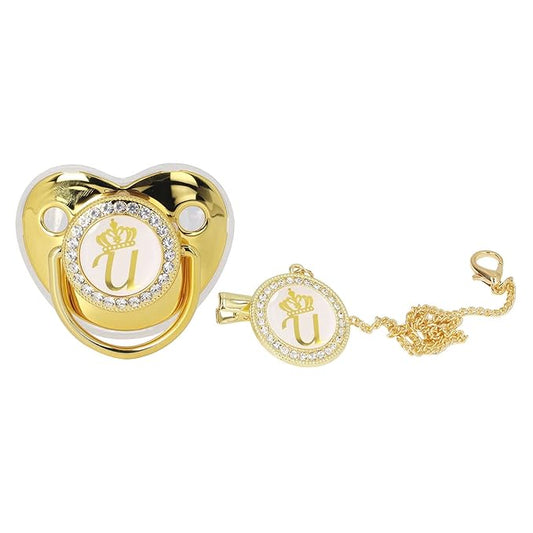 Personalized Golden Letter Baby Pacifier with Bling Design, Clips, Anti-Dust Cover for Newborn Photography, Letter U