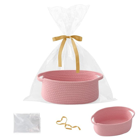 Gift Basket with Gift Bag and Ribbons,Small Rope Woven Shelf Storage,Baskets for Gifts Empty,Birthday,Shower,Decorative Organizer Box for Cat Dog Pet with Handles(Pink)