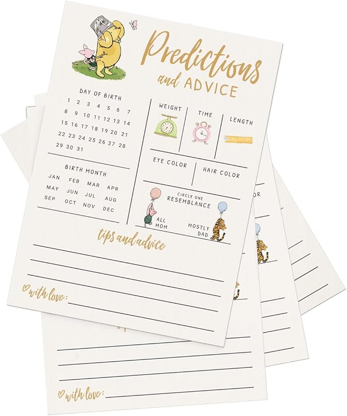 Printed Party Baby Predictions & Advice Cards – Classic Pooh Theme, Winnie Baby Shower Game for Guests, Gender Reveal Activity for Boy or Girl Activity, 30 Pack