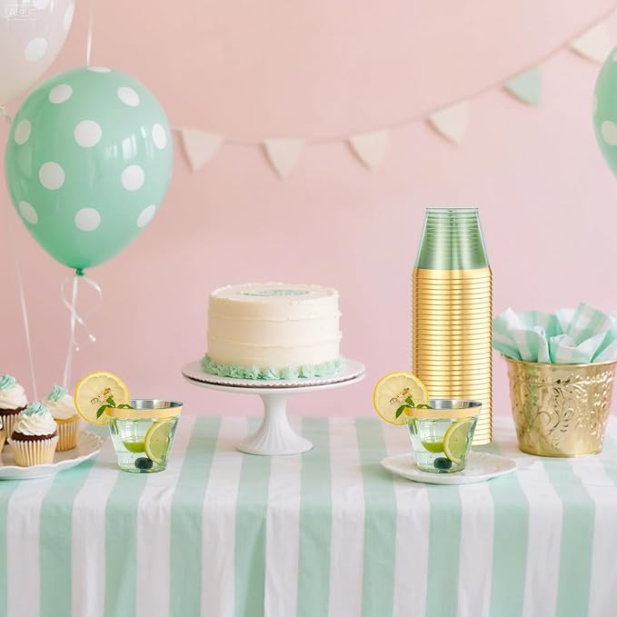 supernal 100 Pack Green Plastic Cups, 9 Oz Clear Green Disposable Cups with Gold Rimmed - Plastic Wine/Cocktail Glasses, Disposable Bridal/Shower Baby Shower Cup Perfect for Party & Wedding