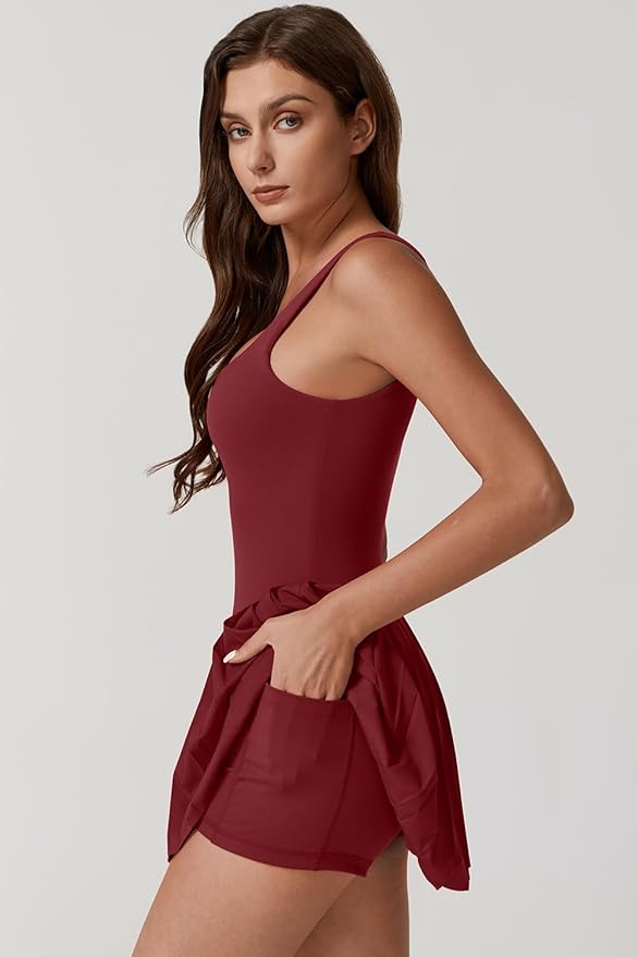 QINSEN Womens Square Neck Tennis Dress Pleated Sleeveless Built in Shorts Golf Athletic Dress with Pockets