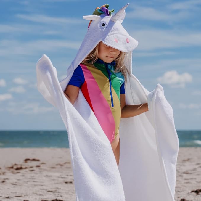 Hooded Baby Towel for Kids 2-8 | Large 100% Cotton Baby Towel for Girls or Boys in White | Cute Unicorn Bath Towels for Babies and Toddlers with Rainbow Mane