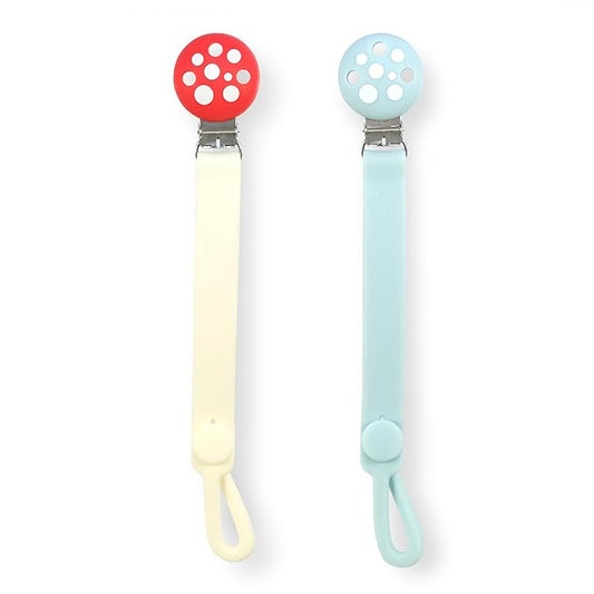 RaZbaby Chompy Silicone Pacifier Holder Clip Set – 2 Pack Textured, Soft & Flexible Binky Clips with Universal Fit, BPA-Free, Durable & Lightweight for Babies 0M+, Red/Green – 2 Pack (Red/Blue)