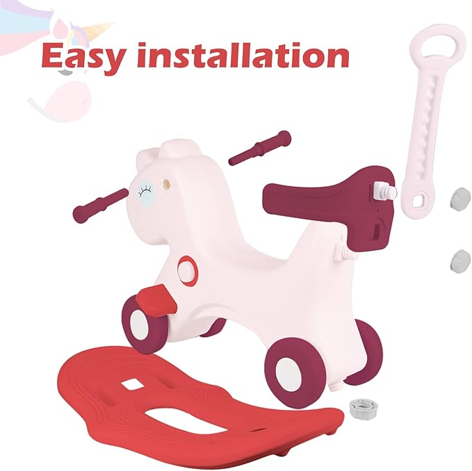 4 in 1 Rocking Horse for Toddlers 1-3 Years Old, Baby Rocking Toy Fun Birthday Gift for 1+ Girls, Ride on Toy with Detachable Balance Board and Footrest，Balance Bike with Push Handle，Pink