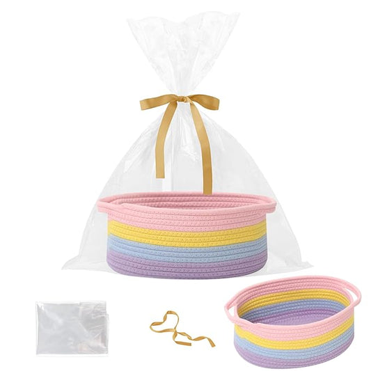 Gift Basket with Gift Bag and Ribbons,Small Rope Woven Shelf Storage,Baskets for Gifts Empty,Birthday,Shower,Decorative Organizer Box for Cat Dog Pet with Handles(Rainbow Pastel)
