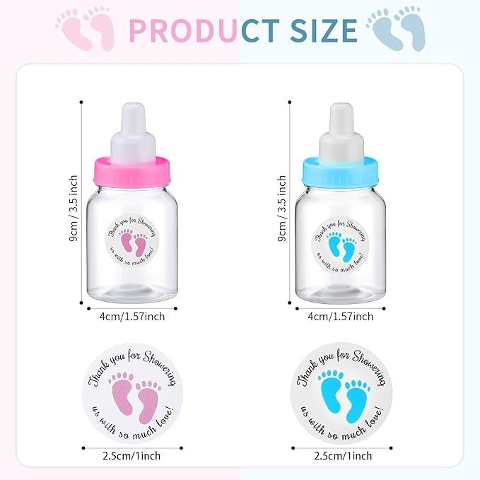 Tondiamo 48 Pcs Blue Pink Baby Shower Mini Bottle Favors 1. 5 x 3. 5 Inch Baby Shower Candy Jar Mini Milk Bottle Party Favor Fillable Gift Boxes for Boys Girls Birthday Party Games Decorations