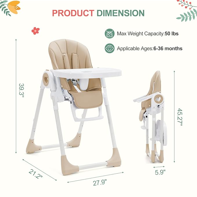 Baby High Chair for Toddlers 1-3 Years Old, Foldable Baby High Chair with Removable Tray, Lightweight Folding Chair with 5-Point Safety Harness, Multiple Recline Positions & Compact Design