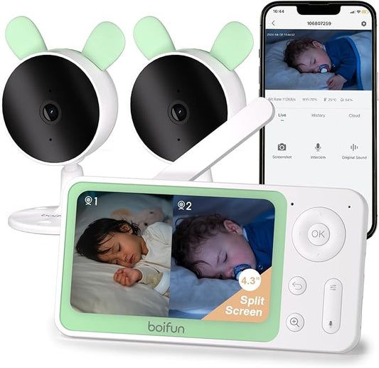 BOIFUN Split Screen Video Baby Monitor WiFi, 2 Cameras, Smartphone APP Control & LCD Monitor, AI Motion & Sound Detection, 4.3'' 4X Zoom, 1080P Smart (Monitor para Bebe), Area Alarm, Video Recording