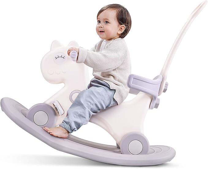 4 in 1 Rocking Horse for Toddlers 1-3 Years Old, Baby Rocking Toy Fun Birthday Gift for 1+ Kids, Ride on Toy with Detachable Balance Board and Footrest，Balance Bike with Push Handle，White