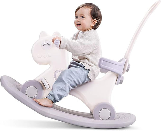 4 in 1 Rocking Horse for Toddlers 1-3 Years Old, Baby Rocking Toy Fun Birthday Gift for 1+ Kids, Ride on Toy with Detachable Balance Board and Footrest，Balance Bike with Push Handle，White