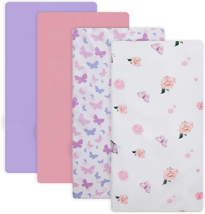 Crib Sheet for Boys and Girls, Super Soft Microfibre Crib Sheet Set, Breathable Cot Sheet, for Cot and Toddler Mattress, 130x70x20cm, Butterfly and Flower and Pink and Purple,4pcs