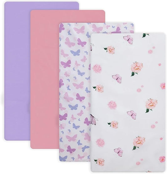 Crib Sheet for Boys and Girls, Super Soft Microfibre Crib Sheet Set, Breathable Cot Sheet, for Cot and Toddler Mattress, 130x70x20cm, Butterfly and Flower and Pink and Purple,4pcs
