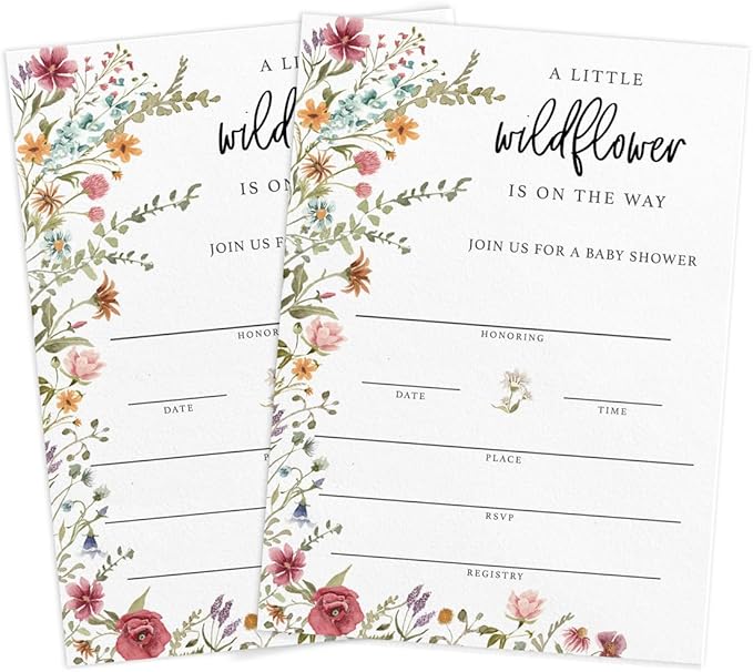 Printed Party Baby Shower Invitations with Envelopes – Wildflower Theme for Girl, Baby In Bloom Sprinkle, Set of 30