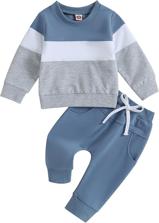Kupretty Toddler Baby Boy Fall Winter Clothes Color Block Long Sleeve Sweatshirt Pullover Tops + Joggers Pants Outfit Set