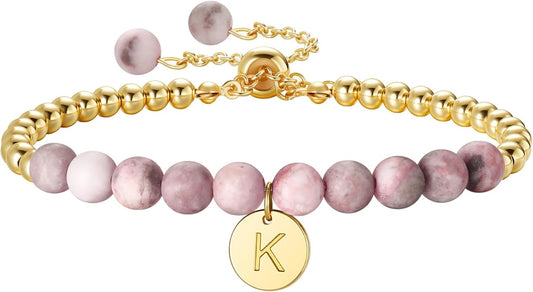Ritach Initial Bracelets for Girls - Pink Zebra Natural Stone Bracelet Real Gold Plated Beaded Bracelets Adjustable Disc Initial Bracelets for Girls Kids Teen Girl Gifts