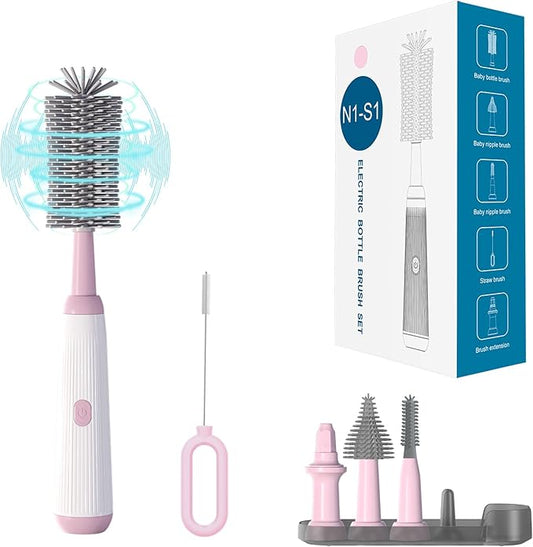Electric Baby Bottle Brush Cleaner with Extended Handle & Drying Holder, Baby Bottle Brush Set with Silicone Bottle/Nipple/Crevice/Brush,Straw Cleaner,Lifesaver Automatic Bottle Cleaner,Pink