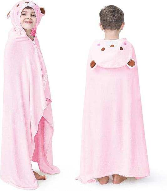ZIONOR Hooded Bath Towel for Kids - 50''L x 35''W Extra-Large Hooded Towels for Big Kids 6-10, Kids Beach Towels Made from Bamboo Rayon, Suitable for Bath, Pool, Beach(Pink Bear)