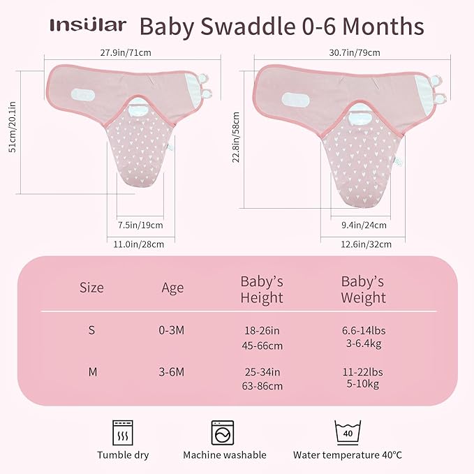 insular Baby Swaddle Wrap, Swaddle Blanket for Newborn and Infant, Adjustable Velcro Swaddling Set for Boy and Girl, Soft Cotton Baby Sleep Sack 3 Pack, Pink Swan, Medium(3-6M)