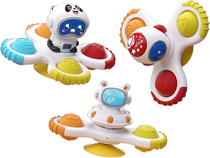 Baby Spin Rattle Set 3 Pcs, Suction Cup Infant Spinner - Sensory Bath Sucker, Travel Busy Teething Toy for Toddlers, Gifts 1-3 Yr Boy/Girl