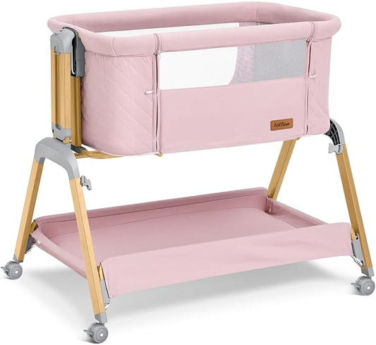 Bassinet Bedside Sleeper, Rocking Bassinets with Comfy Mattress and Wheels for Newborn, 5-Height Adjustable (Pink)