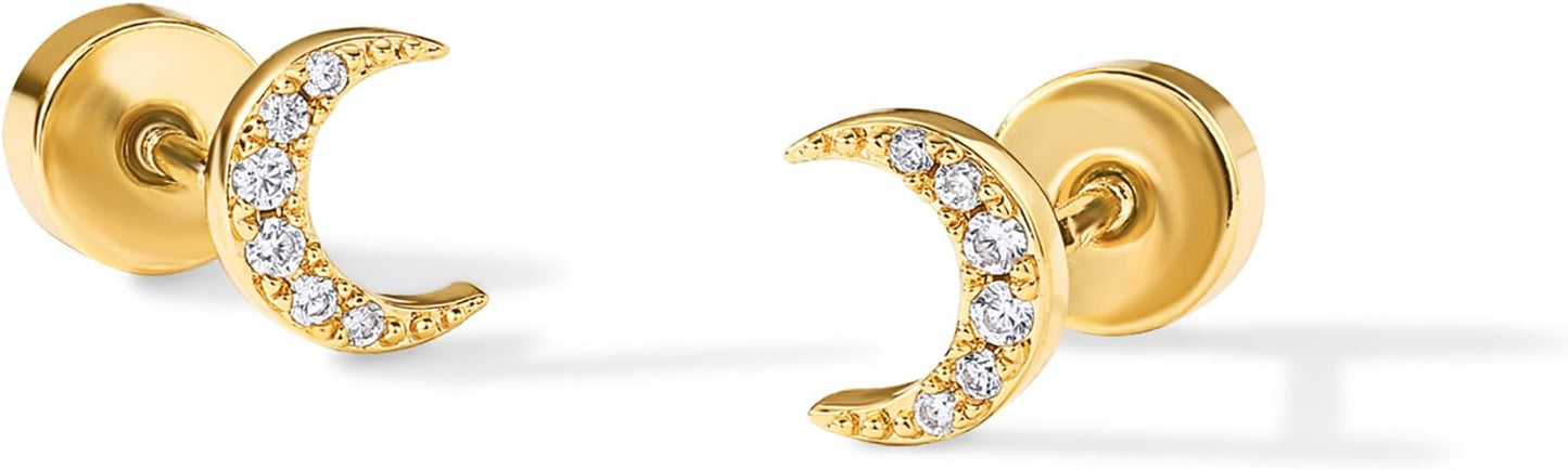 PAVOI 14K Gold Plated Dainty Flat Back Earrings for Women - Hypoallergenic Sterling Silver Posts Helix Cartilage Piercing Jewelry - Emoji Motif Bow Celestial Flatback Gold Stud Earrings Screw Back