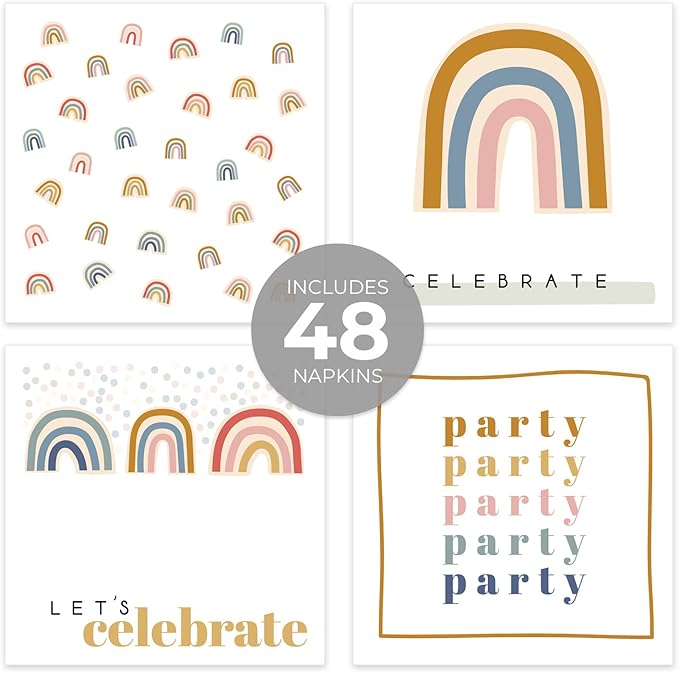 Modern Rainbow Party Beverage Napkins / 48 Colorful Celebrate Cocktail Napkins / 4 Stylish Gender Neutral Designs / 4 3/4" x 4 3/4" Birthday Baby Shower 4 3/4" x 4 3/4" Napkin Set/Made In The USA