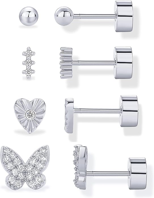 PAVOI 14K Gold Plated Dainty Flat Back Earrings for Women - Hypoallergenic Sterling Silver Posts Helix Cartilage Piercing Jewelry - Emoji Motif Bow Celestial Flatback Gold Stud Earrings Screw Back