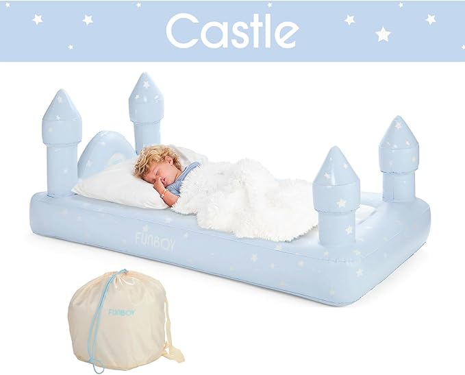 FUNBOY Kids Blue Castle Sleepover Travel Bed & Air Mattress. Perfect for Sleepovers. Includes Carrying Storage Bag, Twin