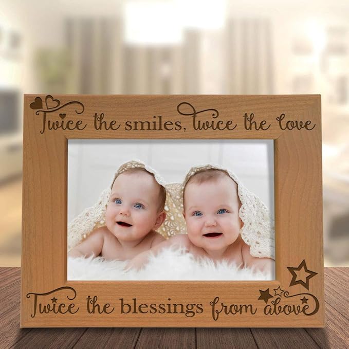 KATE POSH - Twice The Smiles, Twice The Love, Twice The Blessings from Above - Engraved Natural Wood Photo Frame - Twins Picture Frame, Twins Gifts for Babies, Twins Gifts for mom (5x7-Horizontal)
