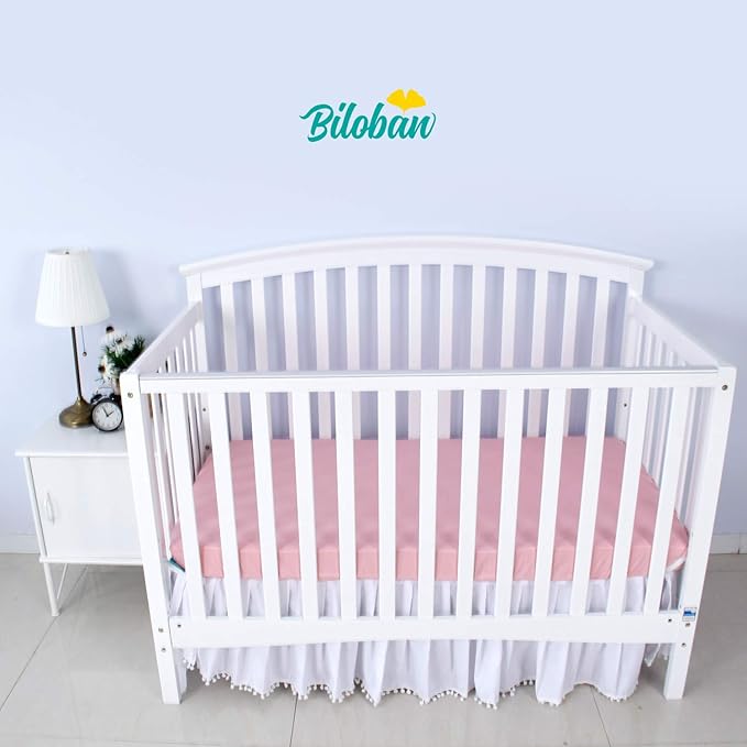 Biloban Crib Sheets Fitted, 2 Pack Crib Sheet Fits for Standard Crib Mattress, Neutral Toddler Bed Sheets Girl, White & Pink, 52”X 28”