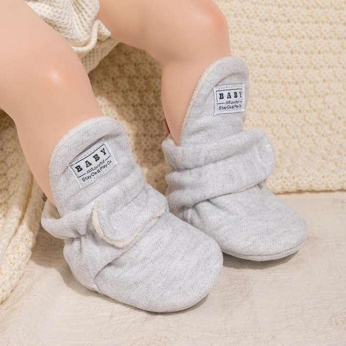 Sawimlgy Newborn Infant Baby Girl Boy Cotton Booties Stay On Sock Slippers Soft Bedroom Shoes Non-Skid Ankle Boots With Grippers Toddler Crib Warm Shoe First Walker Birthday Shower