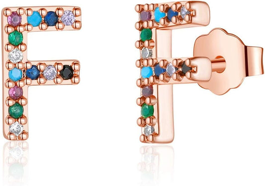 Memorjew Initial Stud Earrings for Women, Hypoallergenic 925 Sterling Silver Post Rainbow Cubic Zirconia Gold Plated 26 Initial Earrings for Women Jewelry Gifts