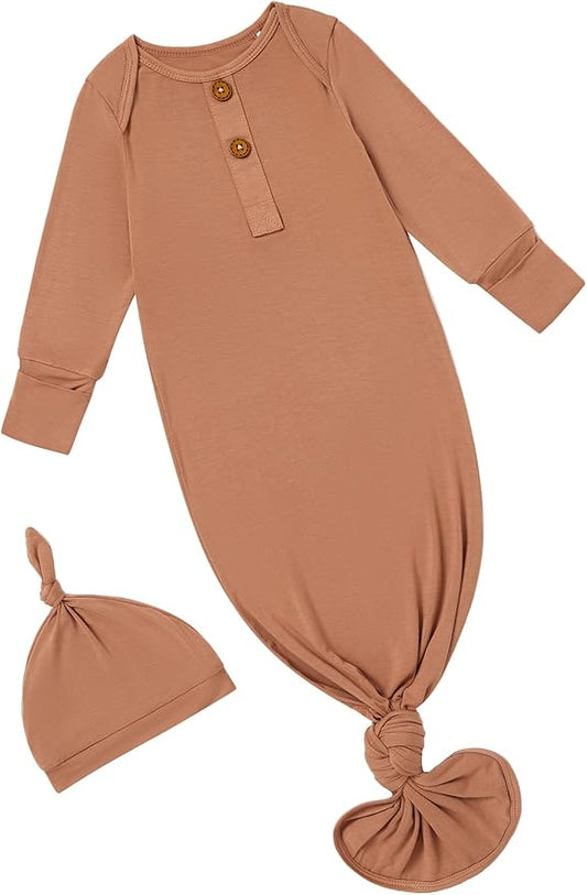 PATPAT Baby Sleeper Gown with Bamboo Viscose for Newborn Girls Boys, Knotted Nightgown with Mittens for Infant Home Coming