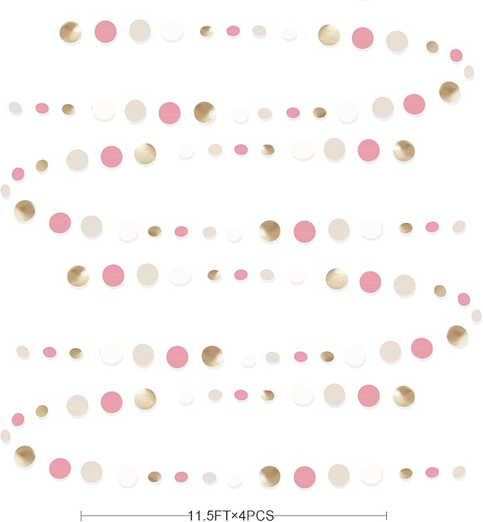 Champagne Gold Dusty Pink Decorations Circle Dots Garland Gold Pink Nude Neutral Cream White Boho Hanging Polka Dot Streamer for Bridal Shower Birthday Wedding Engagement Baby Shower Party Supplies