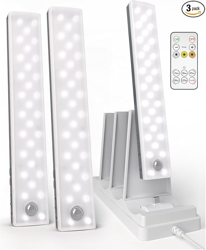 EZVALO 62 LED Under Cabinet Lighting with Charging Station, Rechargeable Motion Sensor Lights, 3 Color Temps, Dimmable Wireless Closet Lights w/Remote for Kitchen, Wardrobe, Pantry- 3 Pack