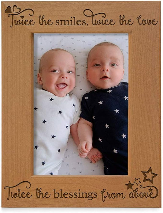 KATE POSH - Twice The Smiles, Twice The Love, Twice The Blessings from Above - Engraved Natural Wood Photo Frame - Twins Picture Frame, Twins Gifts for Babies, Twins Gifts for mom (5x7-Vertical)