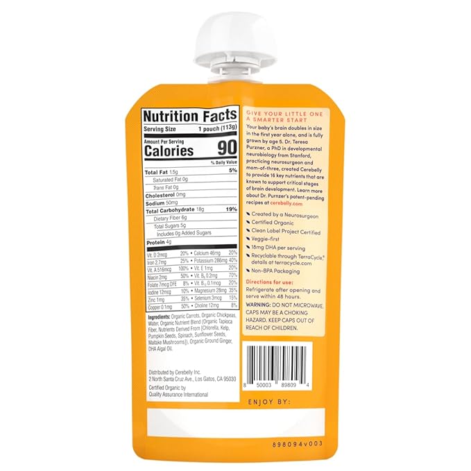 Cerebelly Baby Food Pouches – Organic Veggie Purees for Toddlers | No Added Sugar, Fiber, Non-GMO | Blended Toddler Pouches | 4 Ounce BPA-Free Pouch | Carrot Chickpea | 12 Count