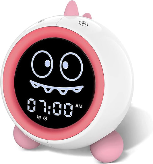 Kids Alarm Clock, Toddler Sleep Training Clock with Night Lights, Sound Machine, Time to Wake Dinosaur Alarm Clock for Children, Gift Ideas for Kids Toddler Boy Girl (Pink)