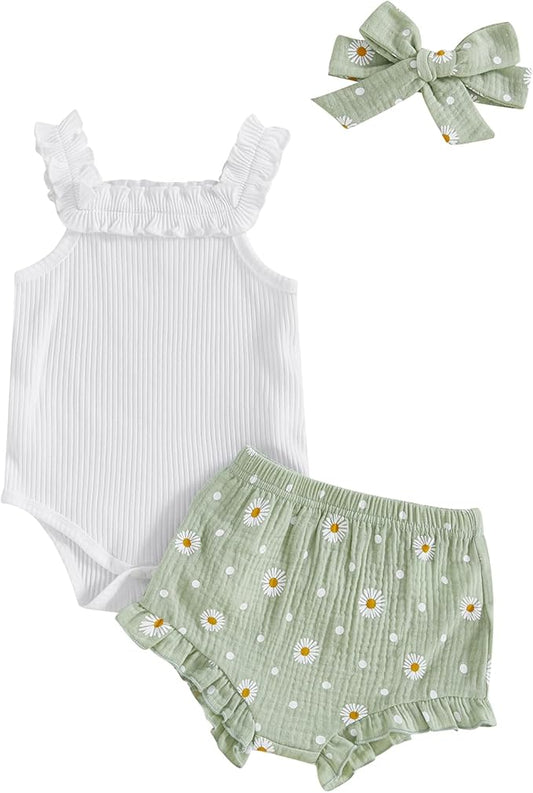 Kaipiclos Cherry Baby Outfit Newborn Infant Girl Clothes Rib Knit Romper & Shorts Waffled Baby Clothes for Girls 0 3 6 12 18M