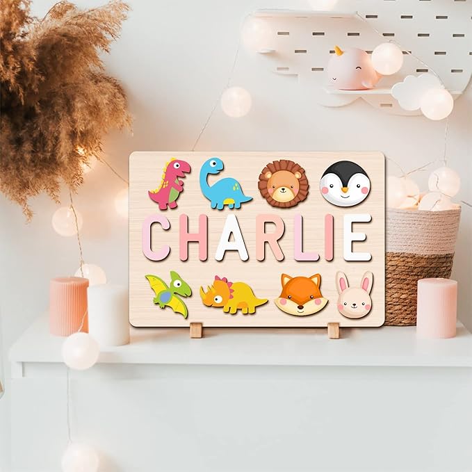 Name Puzzle for Kids Personalized, First Birthday for Baby Boy Girl, Wooden Name Puzzles for Toddlers 1-3, Educational Toys for 1 Year Old (Animal)