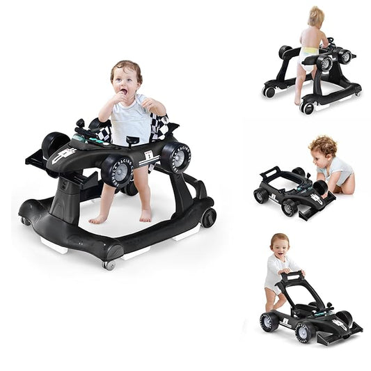 HOMGX Baby Walker with Wheels, Convertible Baby Push Walker & Race Car Mode, Infant Activity Center with Music Box, 3 Heights & 2 Speeds, Foldable Walkers for 6-18 Months (Black)