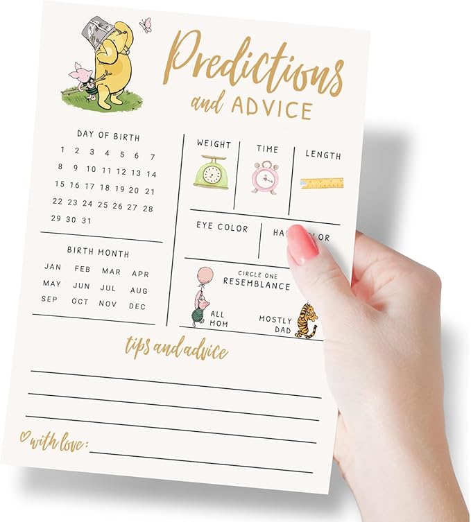 Printed Party Baby Predictions & Advice Cards – Classic Pooh Theme, Winnie Baby Shower Game for Guests, Gender Reveal Activity for Boy or Girl Activity, 30 Pack