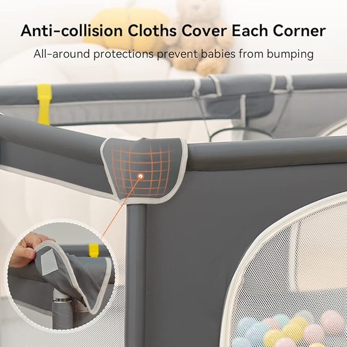 COMOMY Playpens for Babies and Toddlers, 63"x63" Baby Playard Extra Large, Safe and Non-Slip Baby Fence, Full Mesh Design, Indoor & Outdoor Kids Activity Center, Baby Play Pens (Dark Grey)