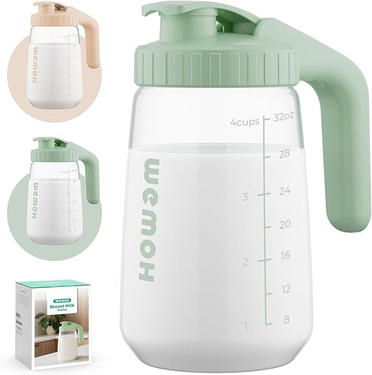 32oz Breast Milk Pitcher, 3X-Thick Heat & Cold Resistant Borosilicate Glass, Leakproof Breast Milk Fridge Storage Container with Wide Mouth & Ergo Grip, Dishwasher Safe, Fast Baby Formula Maker