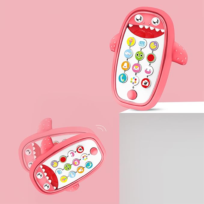 Baby Shark Cell Phone Toy Removable Teether Case, Light, Music & Adjustable Volume Kids Play & Learn Fake Phone Infant Toddler, Preschool Holiday Birthday Presnet for Girl Boy 0-6, 6-18 Months (Red)