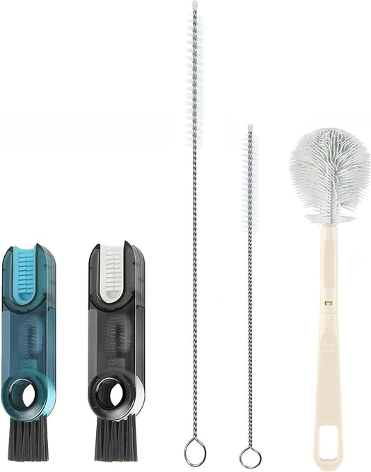 5-Pack Water Bottle Brush Set,9.5'Long Handle Silicone Water Bottle Cleaning Brush, 2 Straw Brushes, 2(3-in-1)cup lid Cleaner Brushes for Water Bottles,Baby Bottles,Straw Brushes White(blue-black(5th)