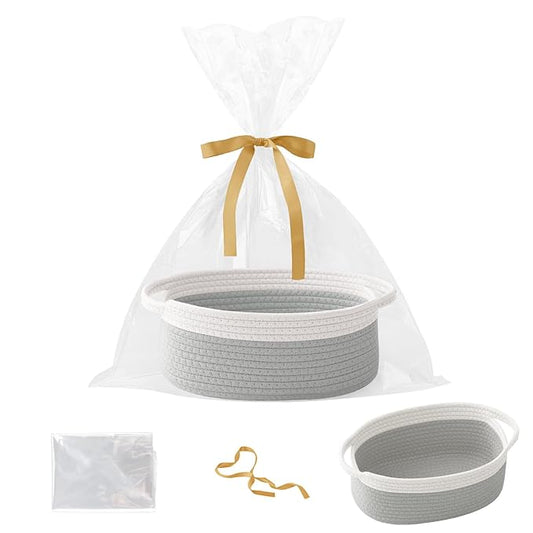 Gift Basket with Gift Bag and Ribbons,Small Rope Woven Shelf Storage,Baskets for Gifts Empty,Birthday,Shower,Decorative Organizer Box for Cat Dog Pet with Handles(White&Grey)