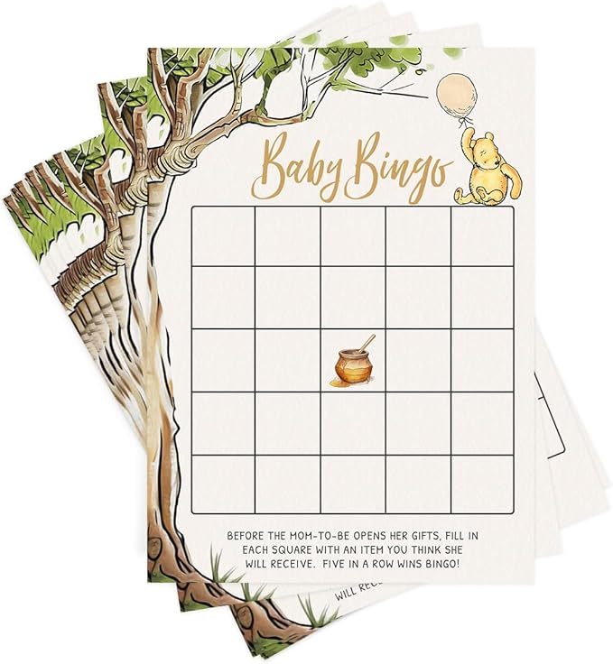 Printed Party Winnie Baby Shower Game Set – 4 Games with Classic Pooh Theme for 30 Guests, Includes Bingo, Mommy Trivia, Emoji Storybook, and Guess Who, Bear Theme for Boy or Girl